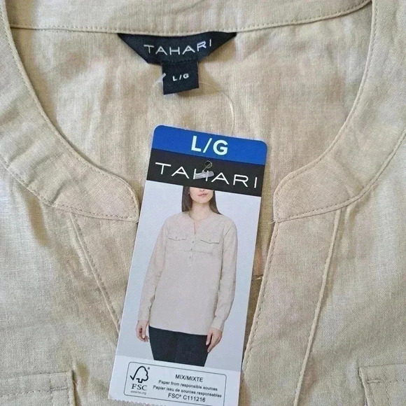 NWT Tahari Long Sleeved Linen Blouse Roll Sleeve Tan Large Popover Style Top - Picture 13 of 16